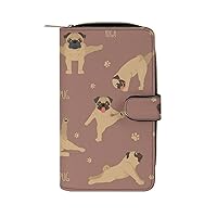 Yoga Dogs and Exercises Pug Womens Wallet Leather Card Holder Purse RFID Blocking Bifold Clutch Handbag with Zipper Pocket