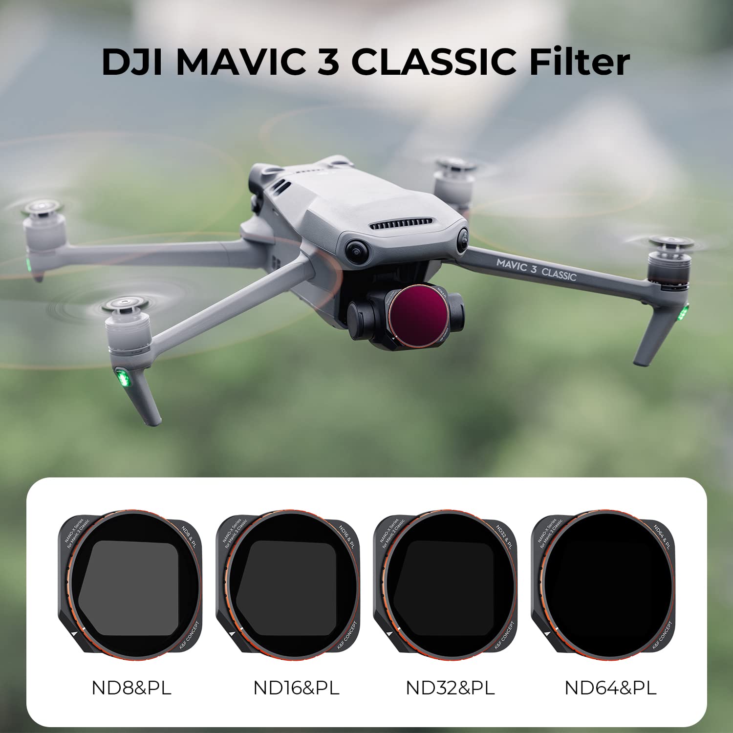 K&F Concept Mavic 3 Classic Drone ND/PL Filters Kit-4 Pack, ND8&PL ND16&PL ND32&PL ND64&PL Compatible with DJI Mavic 3 Classic Drone Accessories-Aluminum Alloy