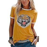 Womens Summer Tiger Printed T-Shirt Funny Cute Animal Graphic Tees Summer Short Sleeve Loose Tee Tops