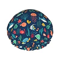 Ocean Fish Turtle Jellyfish Print Soft Shower Cap for Women, Reusable Environmental Protection Hair Bath Caps