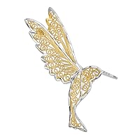 14k Yellow Gold Polished and Rhodium Sparkle Cut Filigree Humming Bird Pin Jewelry for Women