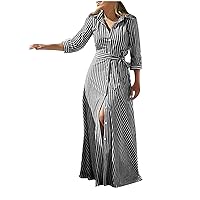 Summer 3/4 Sleeve Maxi Shirt Dresses for Women V Neck Collared Vertical Stripes Button Down Long Tshirt Dress with Belt