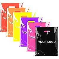 100 Pcs Customized Logo Color Shopping Bag with Handle Plastic Gift Bag Businss Customer Plastic Bag(Single-Sided Printing) (Black,15X20cm)