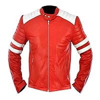 Mens Cafe Racer Red Stripes Brad Retro Biker Leather Motorcycle Jacket