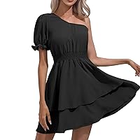 Older Womens Summer Dresses,Womens Casual Slanted Shoulder Puff Sleeve Waist Multi Layer Short Skirt Dress Long