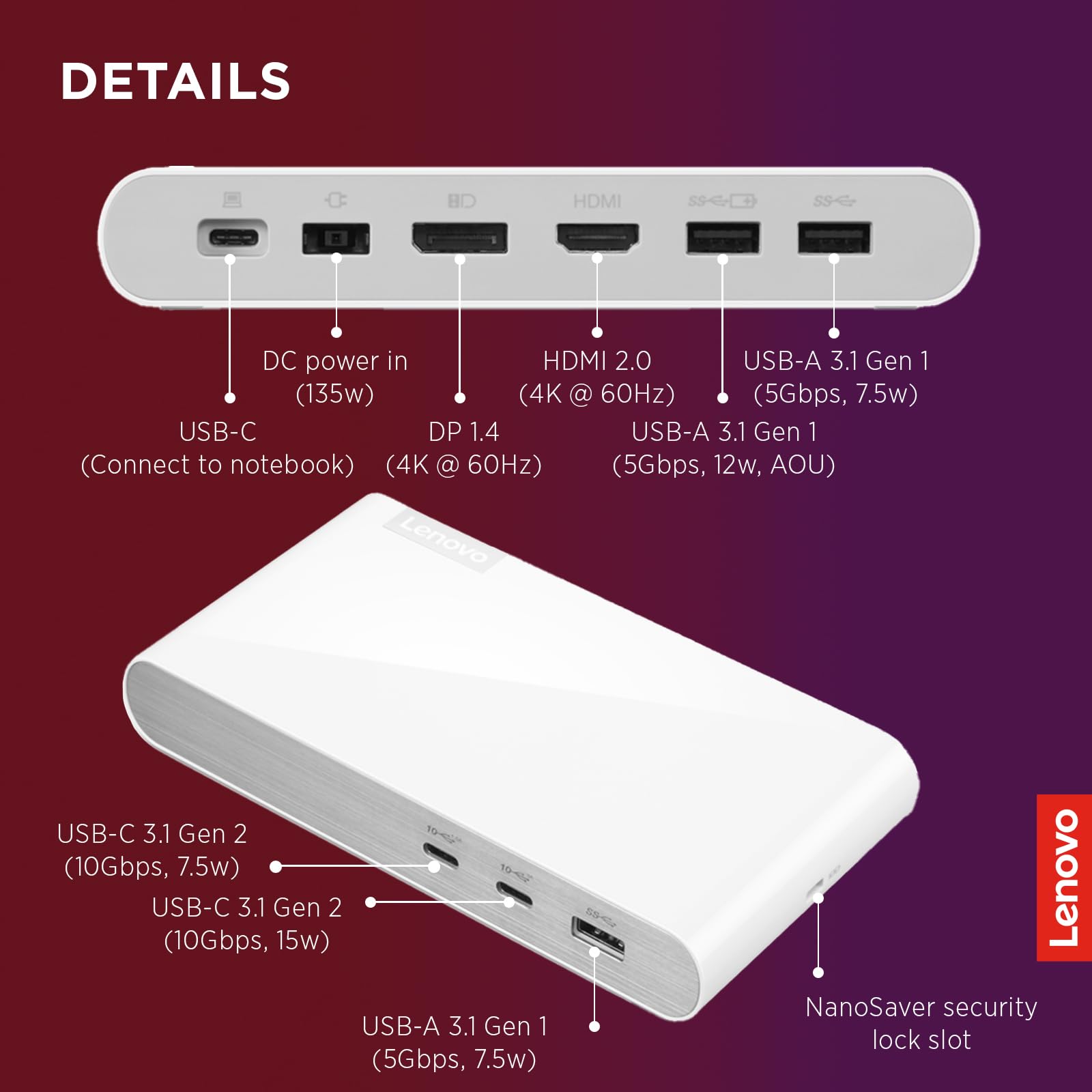 Lenovo 500 USB-C Universal Dock – Laptop USB C Docking Station – Dual Display at 4K – 1DP 1.4 and 1 HDMI 2.0 – 100W – Charging for Laptop – 2 USB-C Ports – 3 USB-A Ports – Windows Compatible