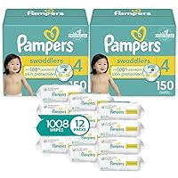 Pampers Swaddlers Disposable Baby Diapers Size 4, 2 Month Supply (2 x 150 Count) with Sensitive Water Based Baby Wipes 12X Multi Pack Pop-Top and Refill (1008 Count)