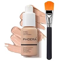 Phoera Foundation Set with Makeup Brush - Matte Cream Foundation Kit with 104 (Buff Beige) Shade & Applicator - Full Coverage Concealer - 24hr Oil Control - 30ml