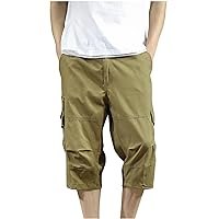 Mens Below Knee Cargo Shorts 3/4 Long Cargo Pants Multi Pocket Workwear Bermuda Shorts Outdoor Sweatpants Capris