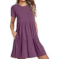 Deals of The Day Lightning Deals Women Tiered Mini Dresses with Pockets, Short Sleeve Crewneck T Shirt Dress Summer Casual Swing A-Line Dresses Vestido Fiesta Mujer Purple