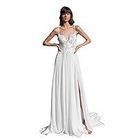 Women's Tulle Sleeveless A-Line Prom Dress Elegant V-Neck Lace Appliquie Side Slit Wedding Dresses for Bride White
