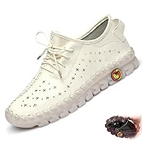 Women's Leather Soft-Soled Flat Loafers Shoes Slip-on Handmade Ultra-Comfy Cutout Breathable Non-Slip Orthotic Mom Walk Shoes