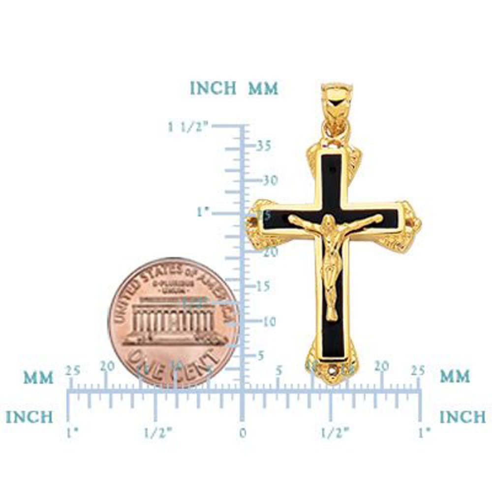 Jewelry Affairs 14k Yellow Gold And Black Enamel Crucifix Jesus Religious Cross Mens Charm Pendant