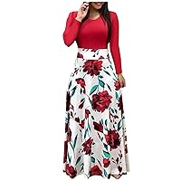 Black Dresses for Women Funeral,White Dress with Sleeves Long Sleeve Dress Floral Women's Dress Wedding Print Loose Holiday Party Splice Maxi Dresses Vestidos De Under 20 Petite(B-Red,S)