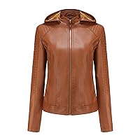 Women's Casual Faux Leather Jacket Fashion Short Zipper Pu Outerwear Removable Hooded Faux Jacket Moto Biker Coat