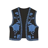 Women Vintage Floral Embroidered Open Waistcoat Ladies National Style Vest Jacket Outfits Casual Crop Top