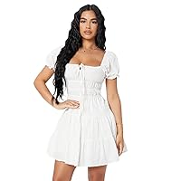 Dresses for Women 2023 Square Neck Short Sleeve Mini Dresses Puff Sleeve Tie Front Ruffle Hem A-Line Dress (Color : White, Size : XX-Small)