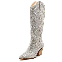 MUCCCUTE Women's Rhinestone Mid Calf Boots Sparkly Block Heel Cowboy Boots Glitter Boots