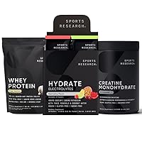 Sports Research Creamy Vanilla Whey Protein (63 Servings), Variety Hydrate Electrolytes with Vitamins & Minerals (16 Packets) and Creatine Monohydrate (100 Servings)