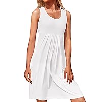SNKSDGM Womens Summer Casual T Shirt Crewneck Sleeveless Dresses Beach Coverup Flowy A-Line Pleated Tank Dress Loose Sundress
