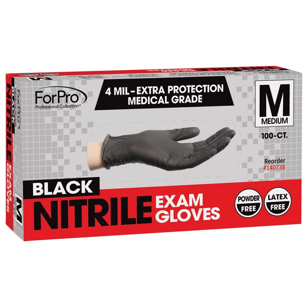 ForPro Disposable Nitrile Exam Gloves, Medical Grade, 4 Mil Extra Protection, Powder-Free, Latex-Free, Non-Sterile, Food Safe, Black, Medium, 100-Count
