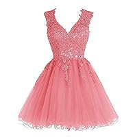 Women's Lace Homecoming Dress Short Appliques Cocktail V Neck Prom Dress Tulle