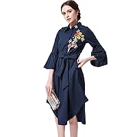 2017 Summer Cute 3/4 Flare Sleeve Floral Embroidery Beading Turn-Down Collar Belt Women New Shirt Dress