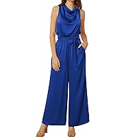 GRACE KARIN Women's Satin Jumpsuit 2024 Sleeveless Belted Wide Leg Casual Romper with Pockets