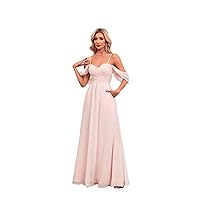2023 Women’s Off The Shoulder Bridesmaid Dresses with Pockets Pleated Chiffon Slit Formal Evening Gowns for Wedding.