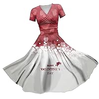 Women's Valentines Dress Princess Dress Sexy V-Neck Valentine's Day Print Waist Pull Pleated Short Dress, S-3XL