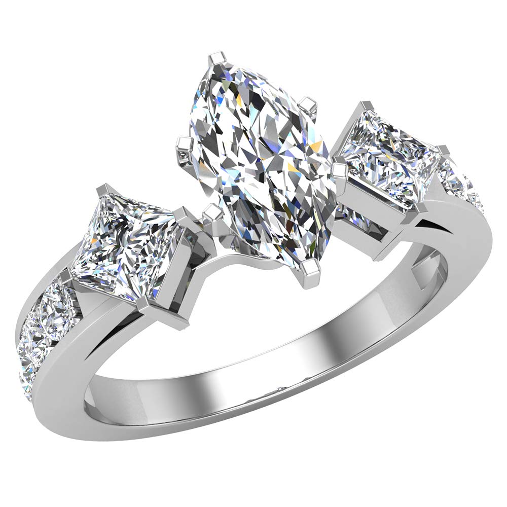 Three-stone Diamond Engagement Ring Marquise and Princess Cut Diamond Rings 14K Gold 1.40 carat