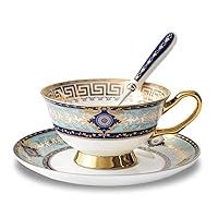 YBK Tech Euro Style Bone China Cup& Saucer Set, Ceramic Tea Coffee Cup for Home Kitchen Wedding (Royal Pattern- Sky Blue)