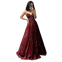 Wchecalino Glitter Satin Prom Dresses Long 2024 Spaghetti Straps Lace Applique Evening Party Gowns with Pocket