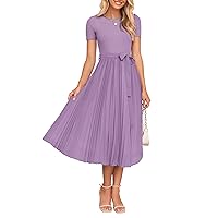 ZESICA Womens Spring Casual Short Sleeve Midi Dresses 2024 Summer Crew Neck Ribbed Knit Belted Pleated A Line Long Dress,Apricot