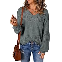 SHEWIN Womens Sweaters Casual Long Sleeve V Neck Lightweight Crochet Pullover Sweater Tops