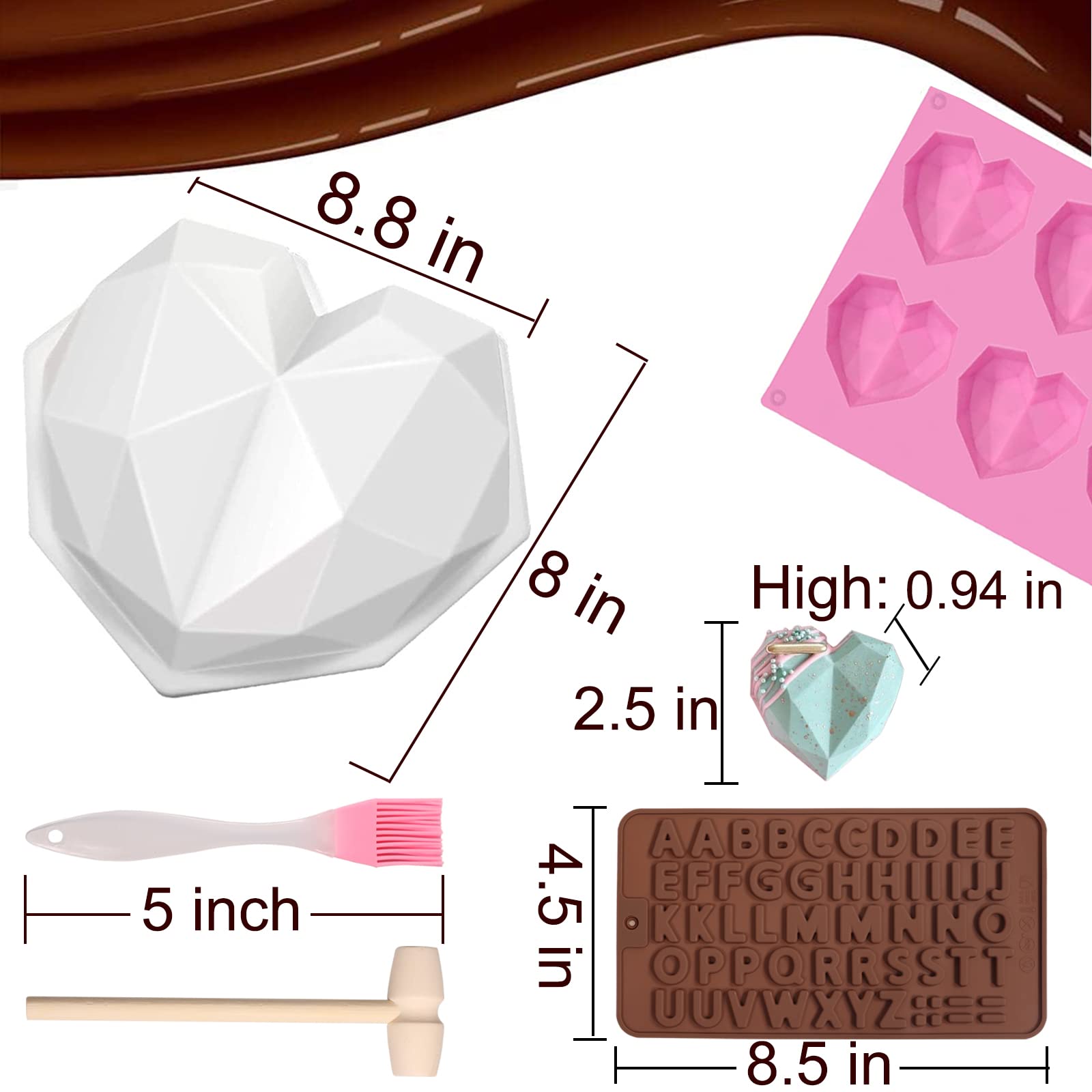 Breakable Heart Molds for Chocolate with Hammer, Heart Silicone Mold for Baking 8 Cavity Diamond Heart Shaped Mold, 8.8