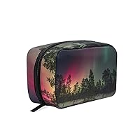 Forest Aurora Borealis Cosmetic Bag for Women Travel,Square Shapes Portable Makeup Bag Purse Handbag Organizer