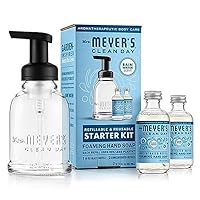MRS. MEYER'S CLEAN DAY Foaming Hand Soap Dispenser & Concentrate Starter Kit,1 Glass Dispenser (10 Fl. Oz.) & 2 Concentrated Refills (2 Fl.Oz. each),Rain Water, Makes 20 Fl. Oz. of Foaming Soap Total