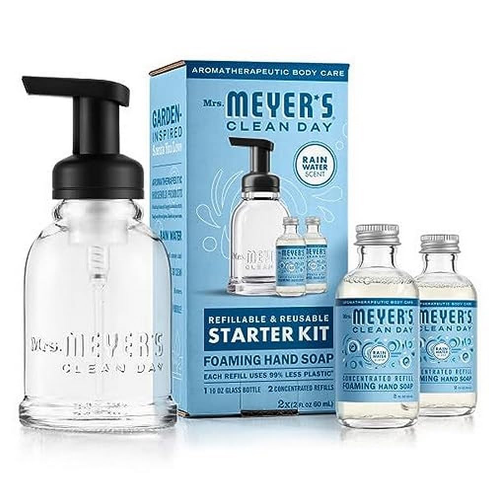 Mrs. Meyer's Foaming Hand Soap Dispenser and Concentrate Starter Kit, 1 Glass Dispenser (10 Fl. Oz.) and 2 Concentrated Refills (2 Fl. Oz. each), Rain Water, Makes 20 Fl. Oz. of Foaming Soap Total