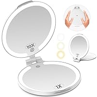 FUNTOUCH 7'' Travel Makeup Mirror with Lights 10X Magnifying, 3 Color Portable Double Side Vanity Mirror with Rechargeable for Travel Essential, Gifts for Women