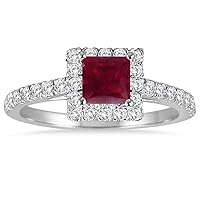 1 Carat TW Princess Cut Ruby and Diamond Halo Engagement Ring in 14K White Gold