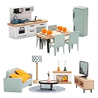 Giant bean 35 PCS Wooden Dollhouse Furniture Plastic Doll House Furniture Set, Kitchen and Living Room Set, Blue Dollhouse Accessories Pretend Play Furniture Toys for Boys Girls & Toddlers