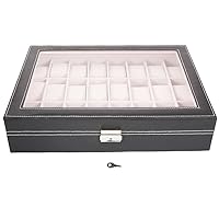 New24 Slot Black Leather Watch Box Jewelry Storage Organizer w/Glass Top Display