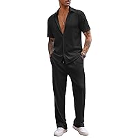 COOFANDY Men's 2 Piece Outfit Casual Short Sleeve Button Down Shirt Beach Summer Loose Pant Sets