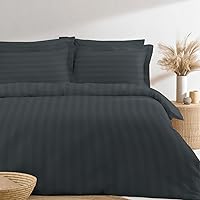 Anthracite Grey Dobby Striped 100% Cotton Duvet Cover Queen Size, 300 Thread Count Long Staple Cotton Damask Duvet Cover, Sateen Striped Queen Quilt Cover with Hidden Button Closure (Grey Duvet Cover)