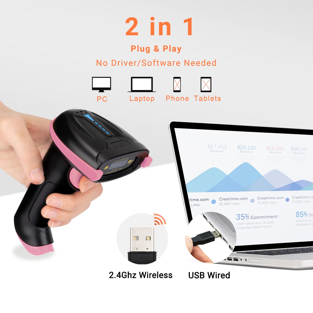 Tera Barcode Scanner Wireless Versatile 2-in-1 (2.4Ghz Wireless+USB 2.0 Wired) with Battery Level Indicator, 328 Feet Transmission Distance Rechargeable 1D Laser Bar Code Reader Handheld 5100 Pink
