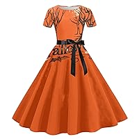 Halloween Dress for Women 50s 60s Vintage Short Sleeve A-Line Flare Dresses Rockabilly Pinup Audrey Hepburn Dresses