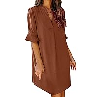 Women's V Neck Tunic Dress Loose Summer Casual Shirt Dress Ruffle Sleeve Mini Dress(Brown,XX-Large)