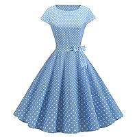 PEHMEA Women's 1950s Retro Polka Dot Cap Sleeve Rockabilly Swing Cocktail Party Dress (Light Blue, Small, s)