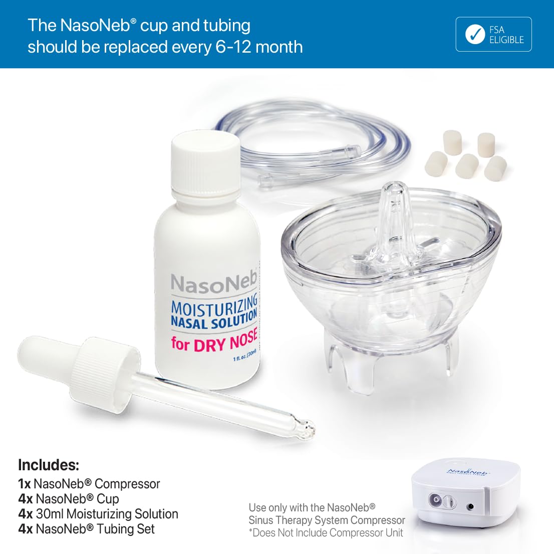 NASONEB* Sinus Therapy System Family Pack Bundle Multi-Use Irrigation and Treatment Delivery System, Three Bonus Cup and Tubing Sets, and Three Bonus 30ml Saline Moisturizing Nasal Sprays